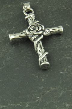 Großes Kreuz mit Rose, Schmuck Edelstahl Anhänger für Halsketten